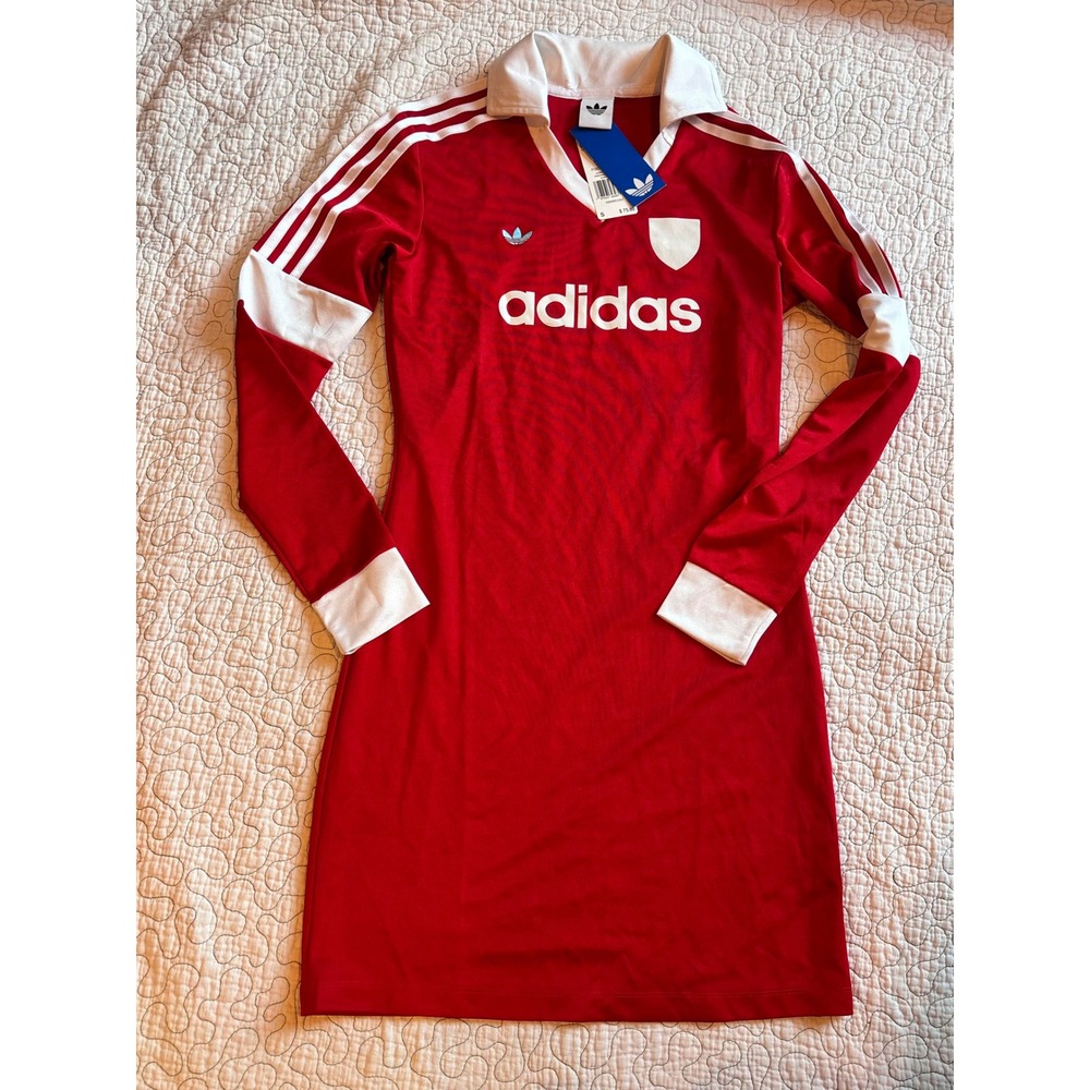 Adidas Originals Women Red White Long Sleeve Jersey Polo Dress Size Small